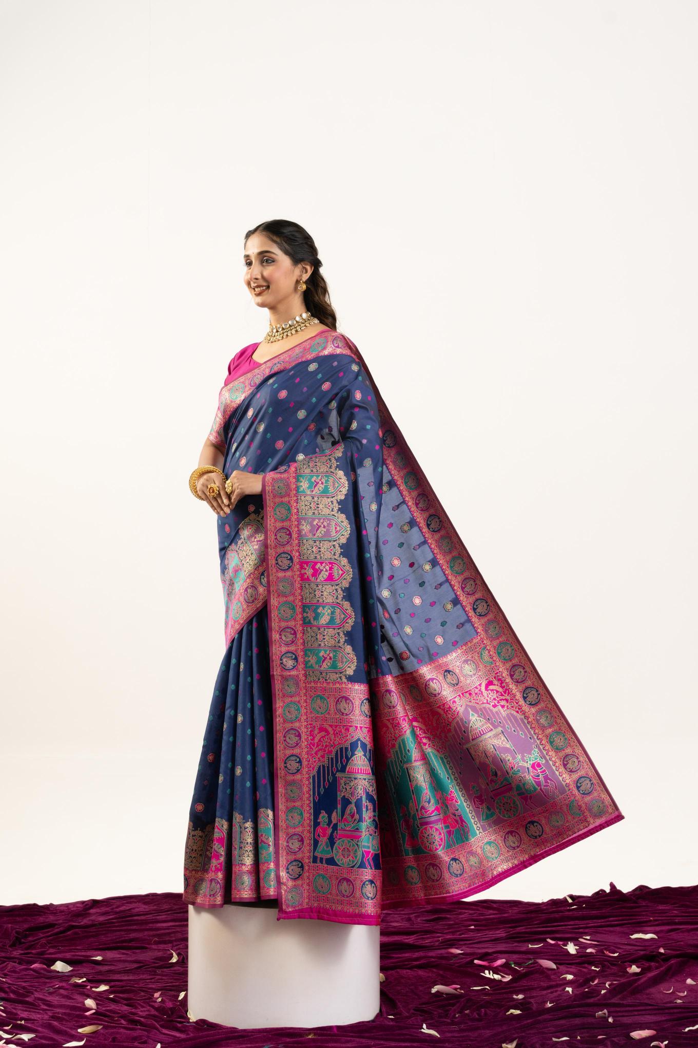Blue N Pink Banarasi Pashmina Silk Saree — alternate view