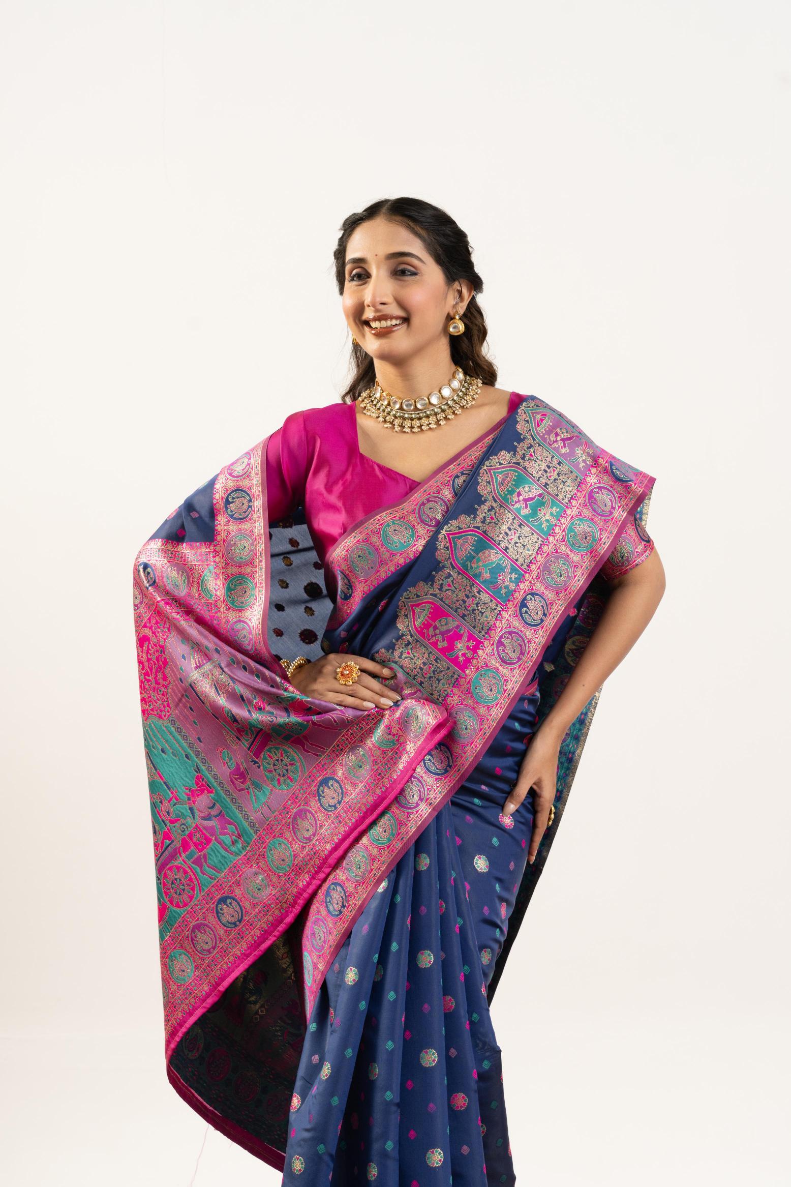 Blue N Pink Banarasi Pashmina Silk Saree