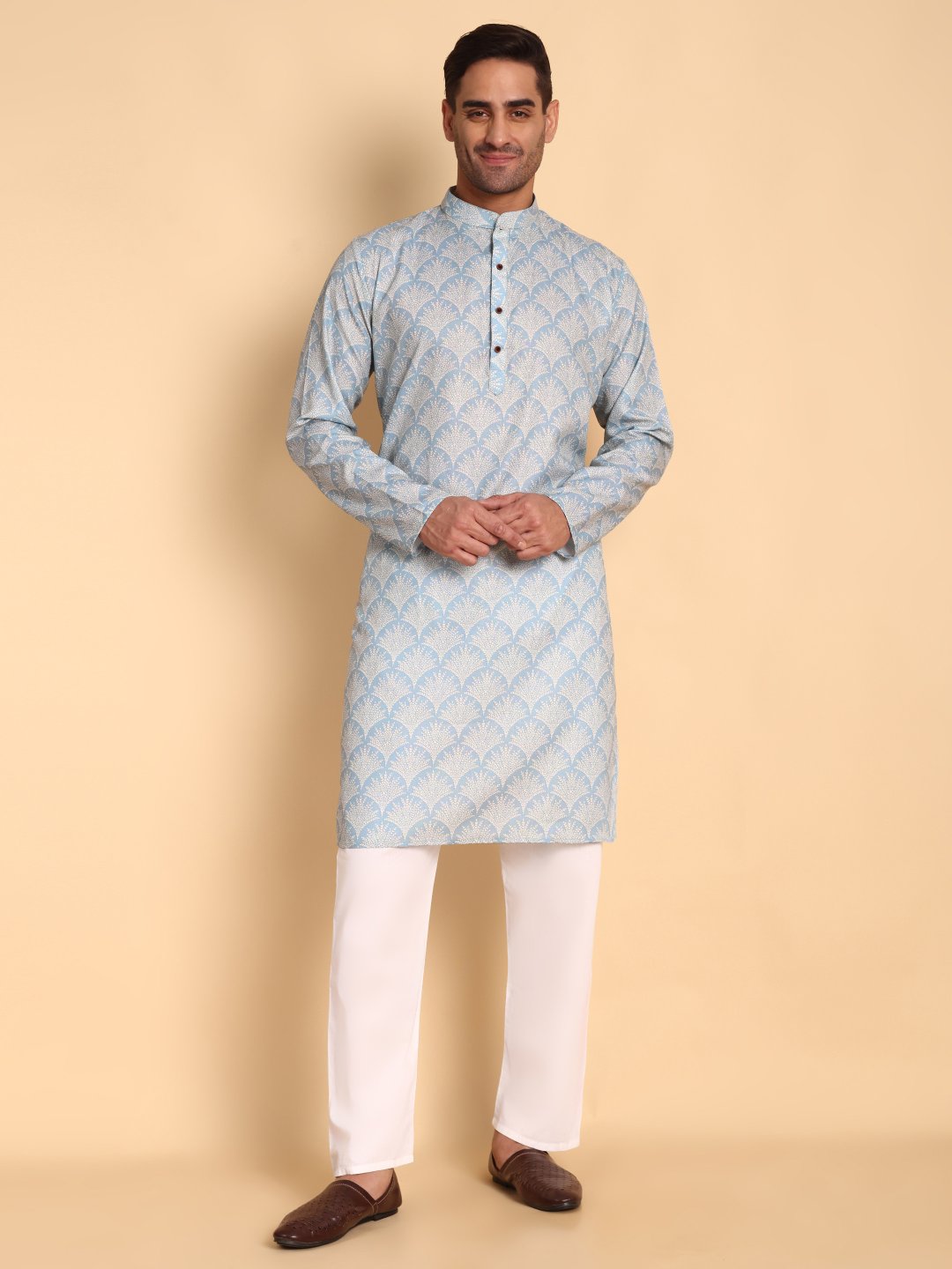 Blue Nature Inspired Printed Cotton Kurta Pyjama