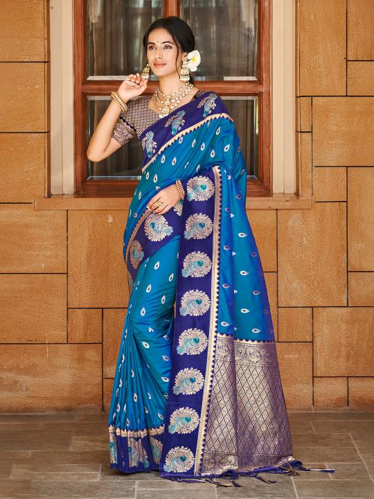 Blue Navy Blue Woven Designer Silk Saree