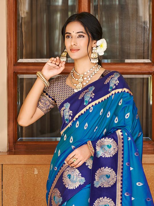 Blue Navy Blue Woven Designer Silk Saree — alternate view
