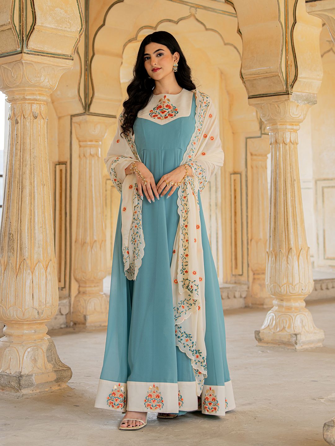 Blue Off White Georgette Embroidered Gown