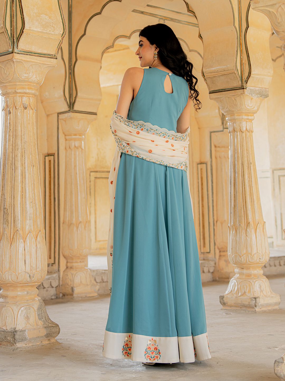 Blue Off White Georgette Embroidered Gown — alternate view