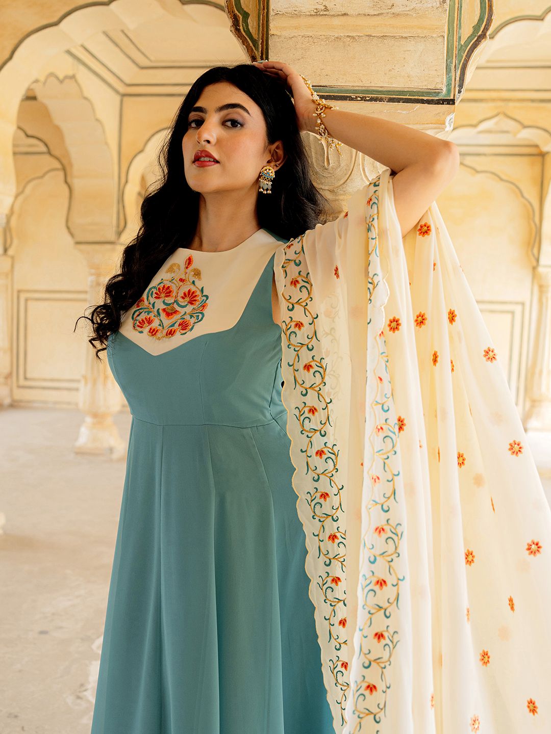 Blue Off White Georgette Embroidered Gown