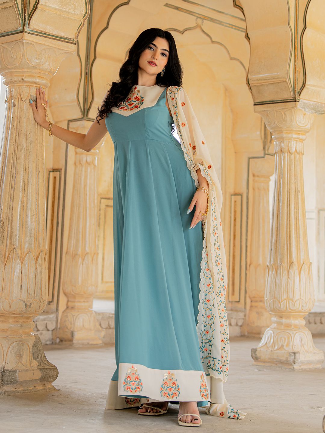 Blue Off White Georgette Embroidered Gown