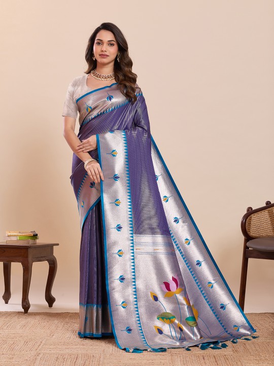 Blue Off White Zari Designer Soft Silk Saree