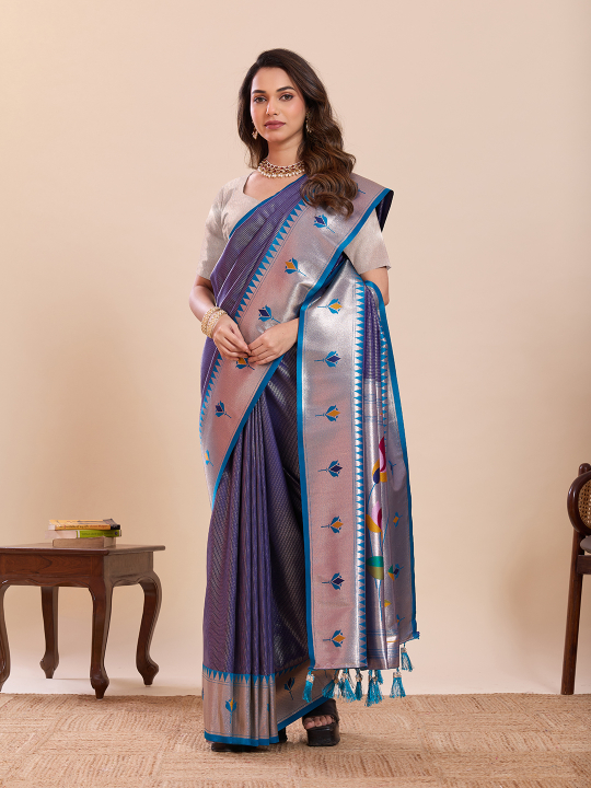 Blue Off White Zari Designer Soft Silk Saree