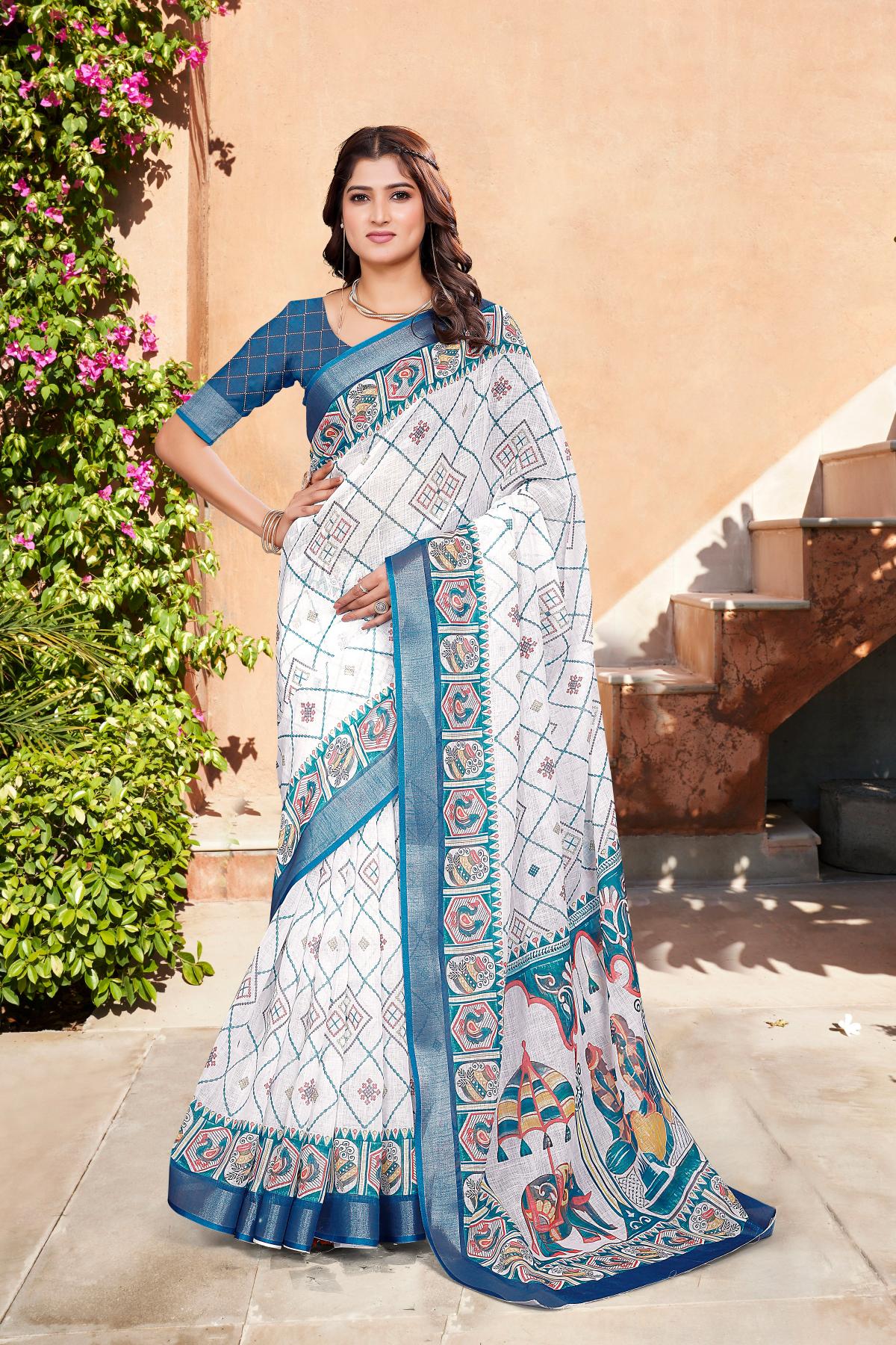 Blue Offwhite Linen Cotton Saree