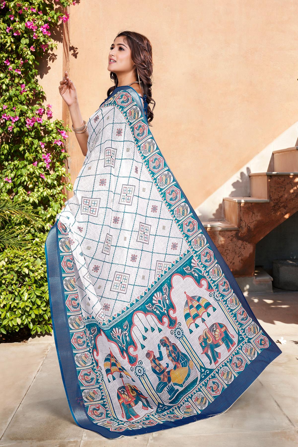Blue Offwhite Linen Cotton Saree — alternate view