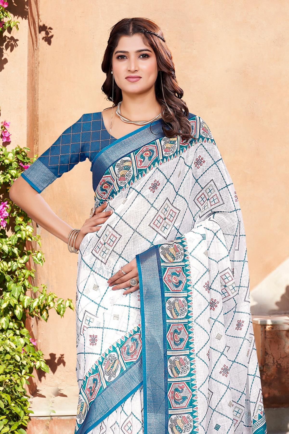 Blue Offwhite Linen Cotton Saree