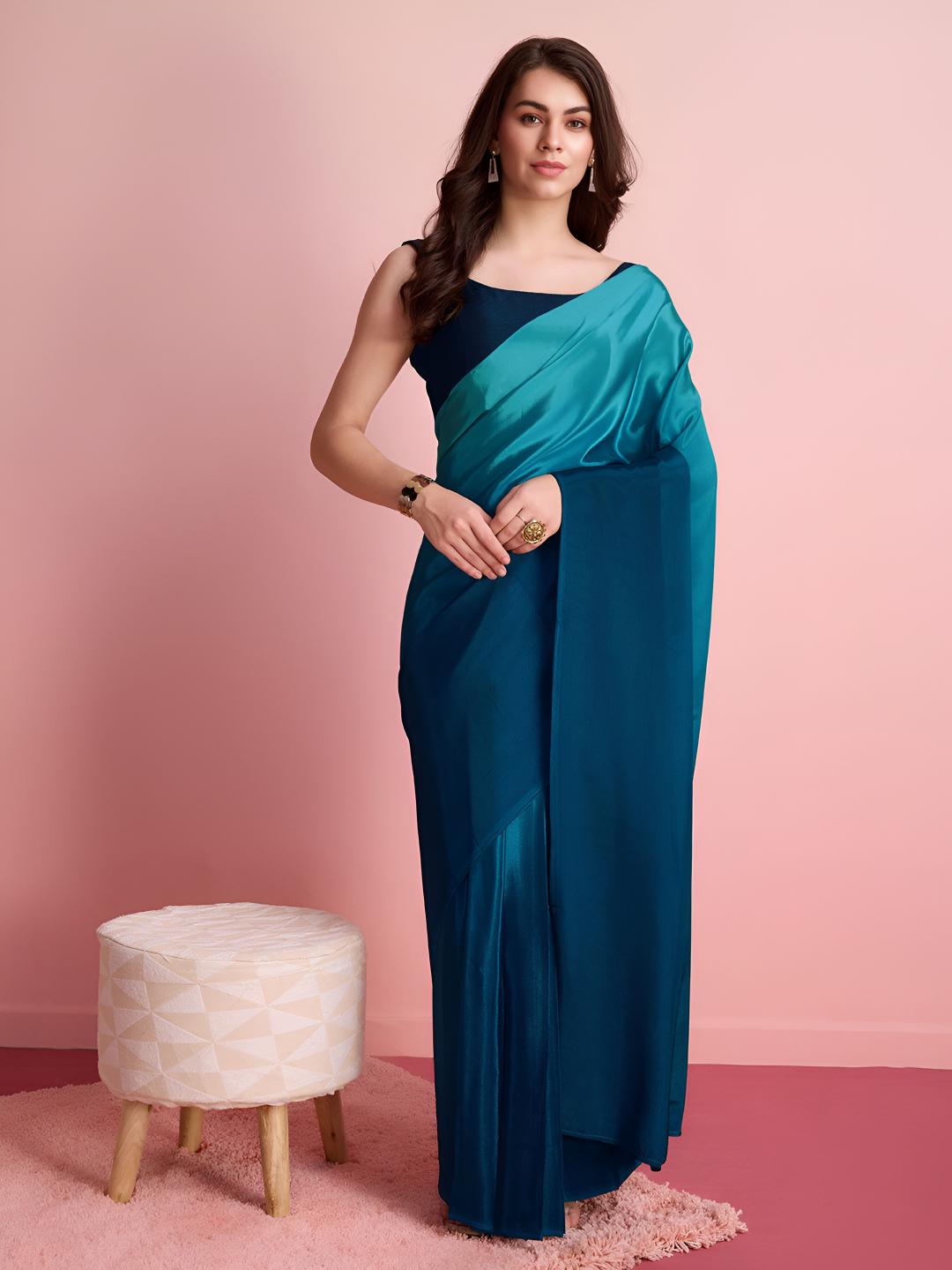 Blue Ombre Chinon Ready To Wear Saree