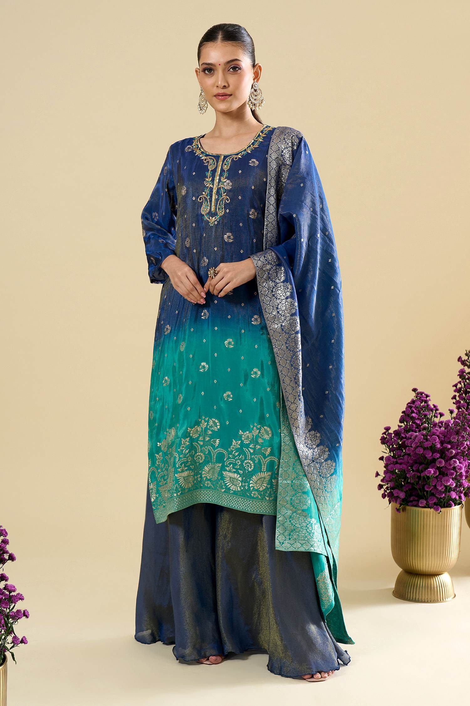 Blue Ombre Floral Zari Woven Viscose Jacquard Palazzo Suit