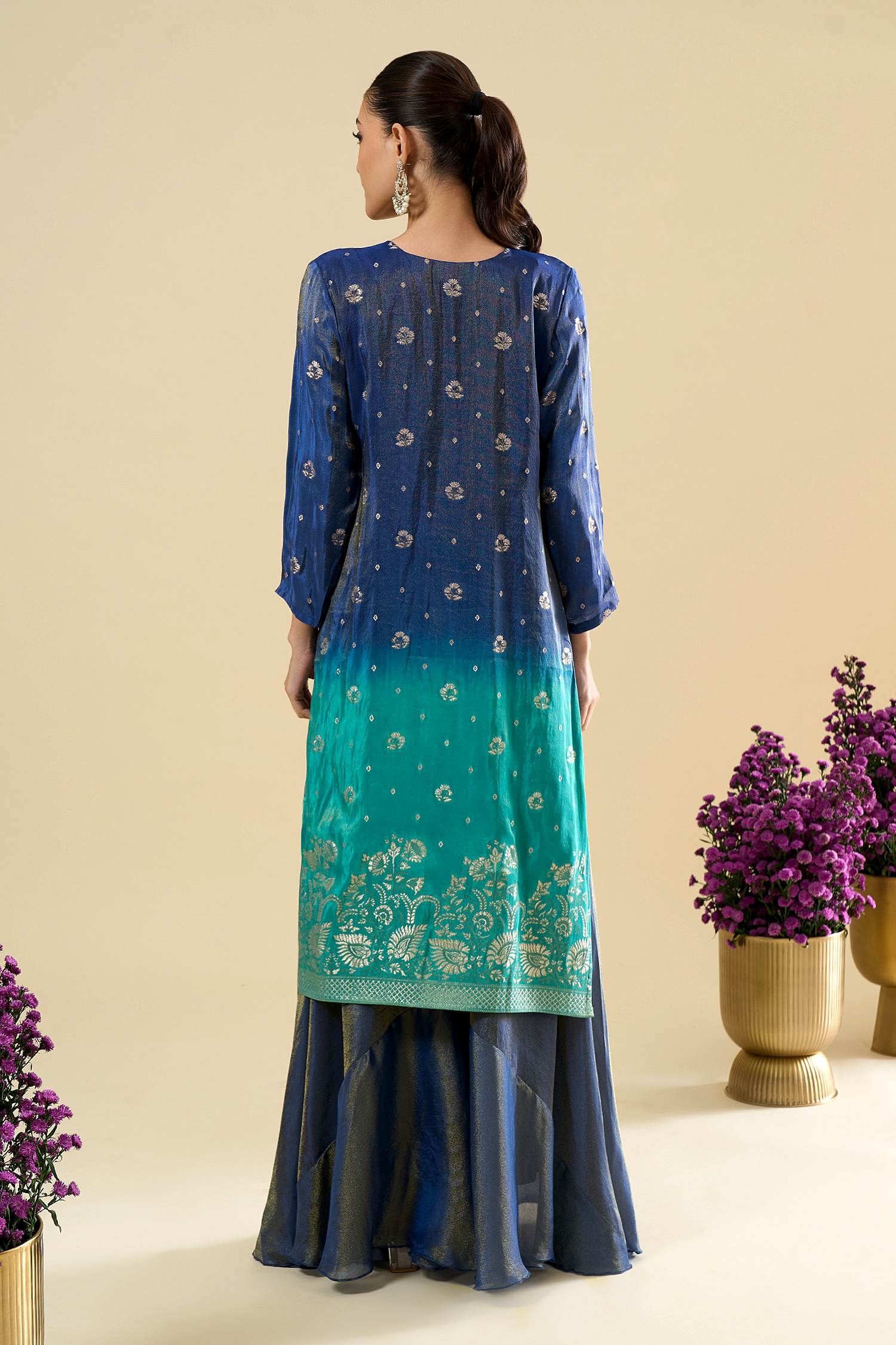 Blue Ombre Floral Zari Woven Viscose Jacquard Palazzo Suit — alternate view