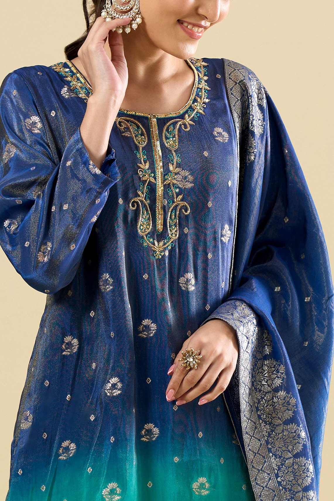 Blue Ombre Floral Zari Woven Viscose Jacquard Palazzo Suit