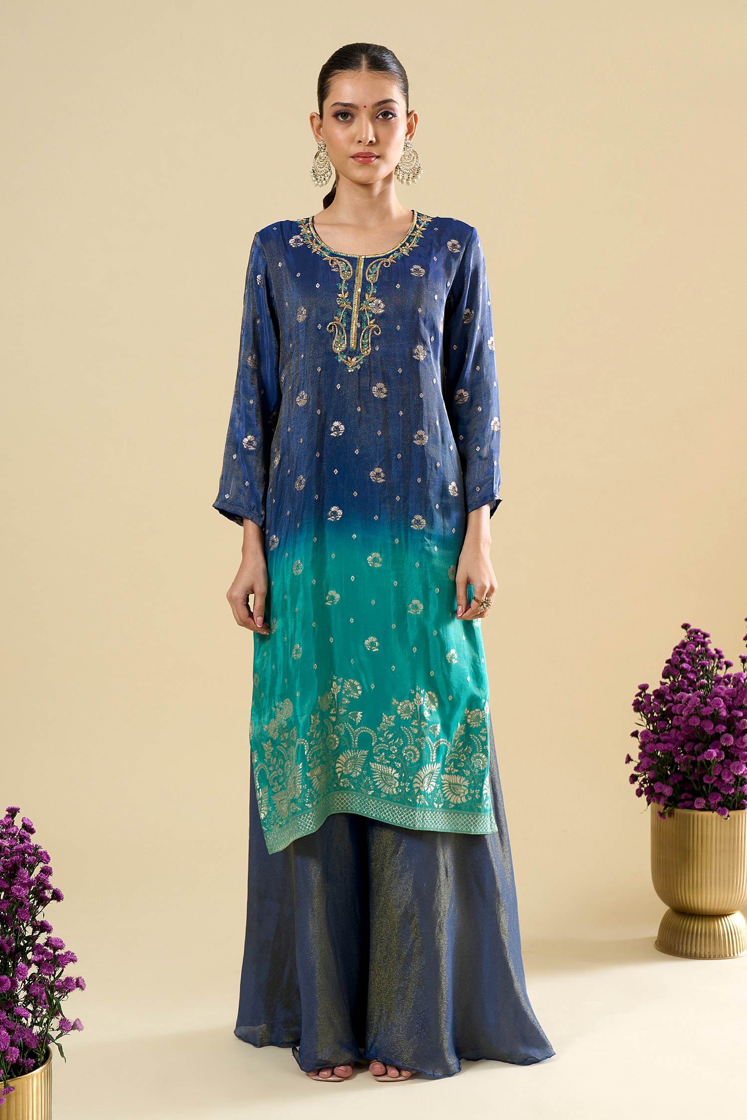 Blue Ombre Floral Zari Woven Viscose Jacquard Palazzo Suit