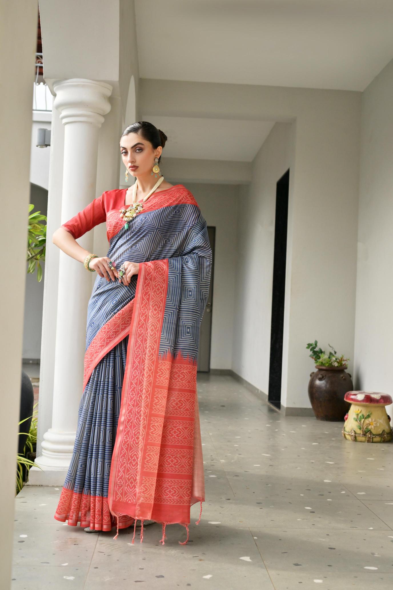 Blue Orange Ikkat Tussar Silk Saree