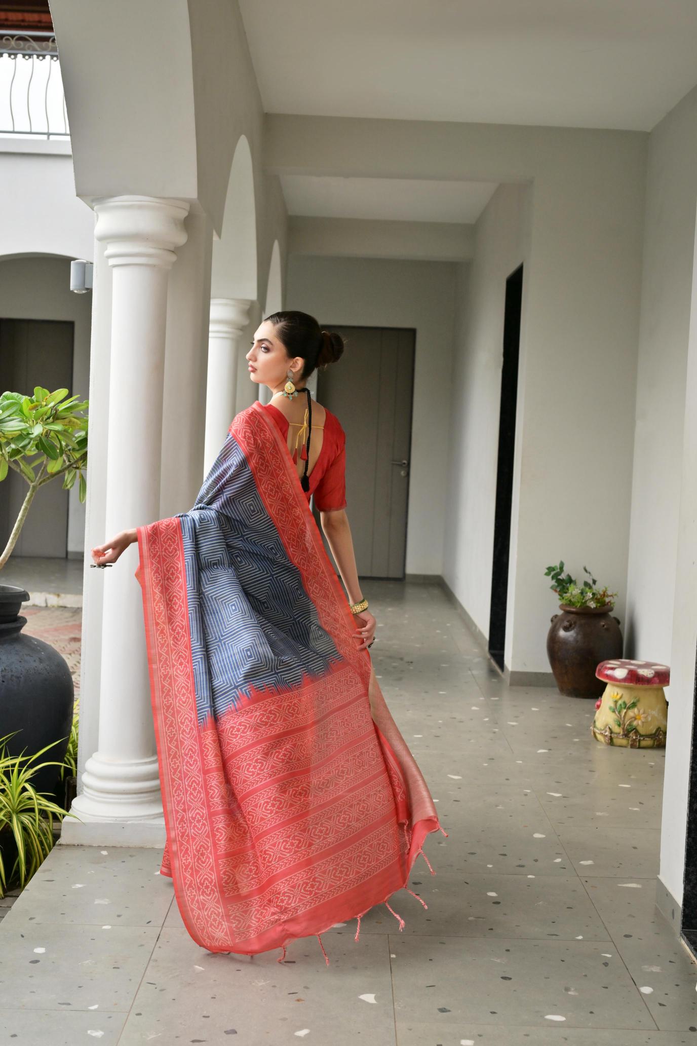 Blue Orange Ikkat Tussar Silk Saree — alternate view