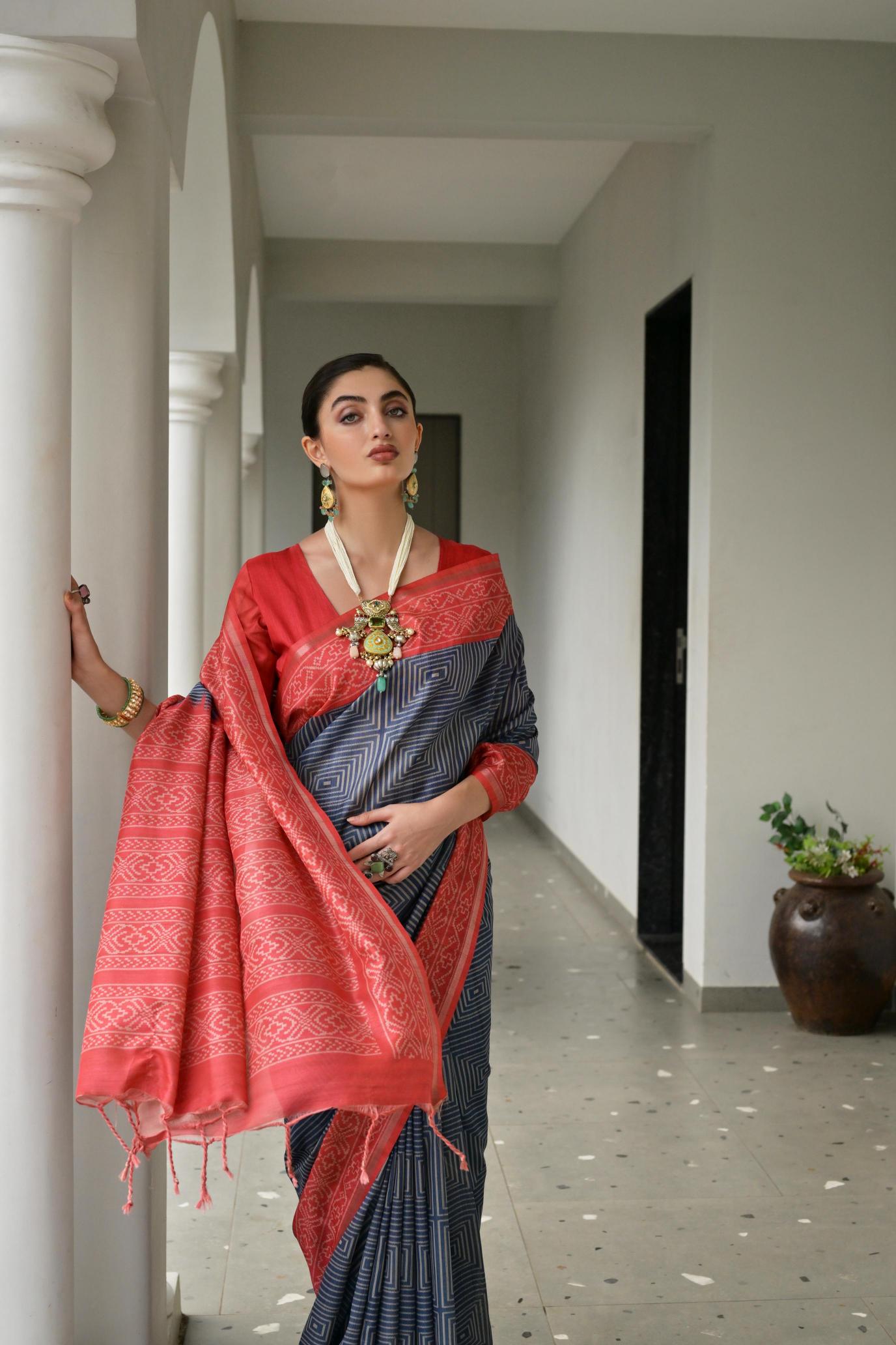 Blue Orange Ikkat Tussar Silk Saree
