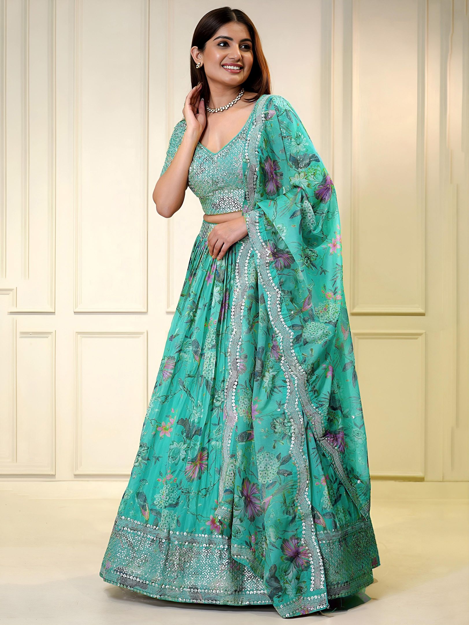 Blue Organza Digital Printed Sequins Zari Embroidered Lehenga Choli