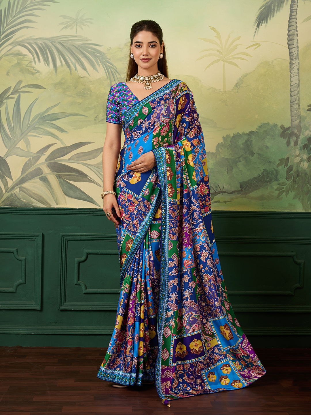 Blue Paisley Crepe Silk Saree