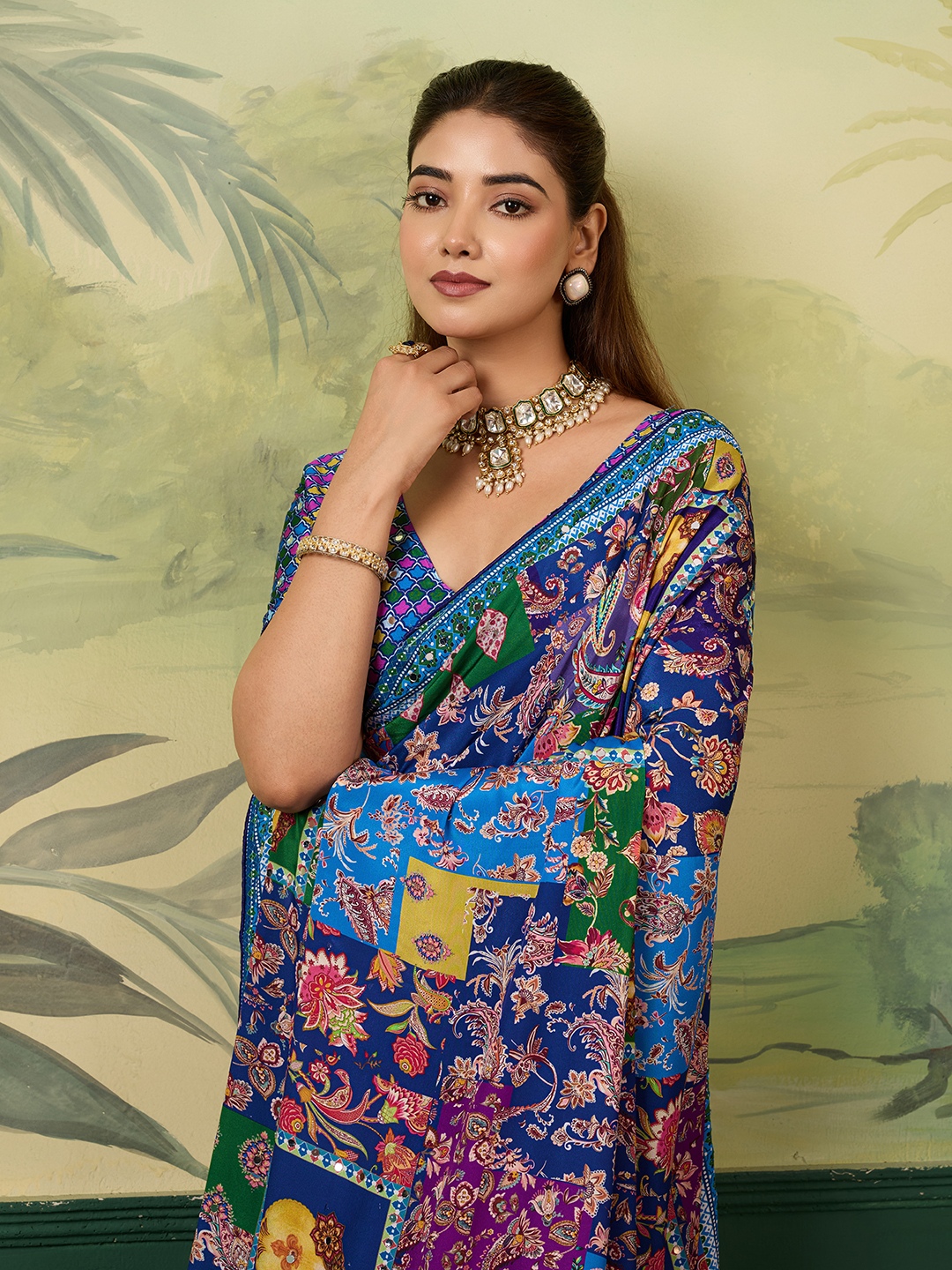 Blue Paisley Crepe Silk Saree