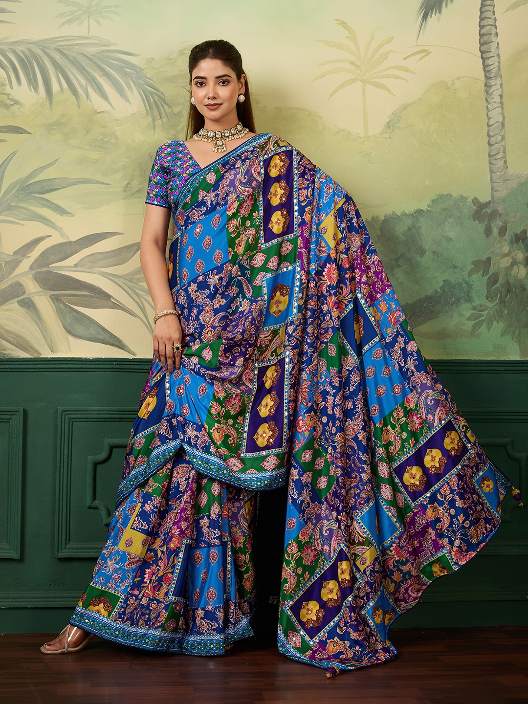 Blue Paisley Crepe Silk Saree