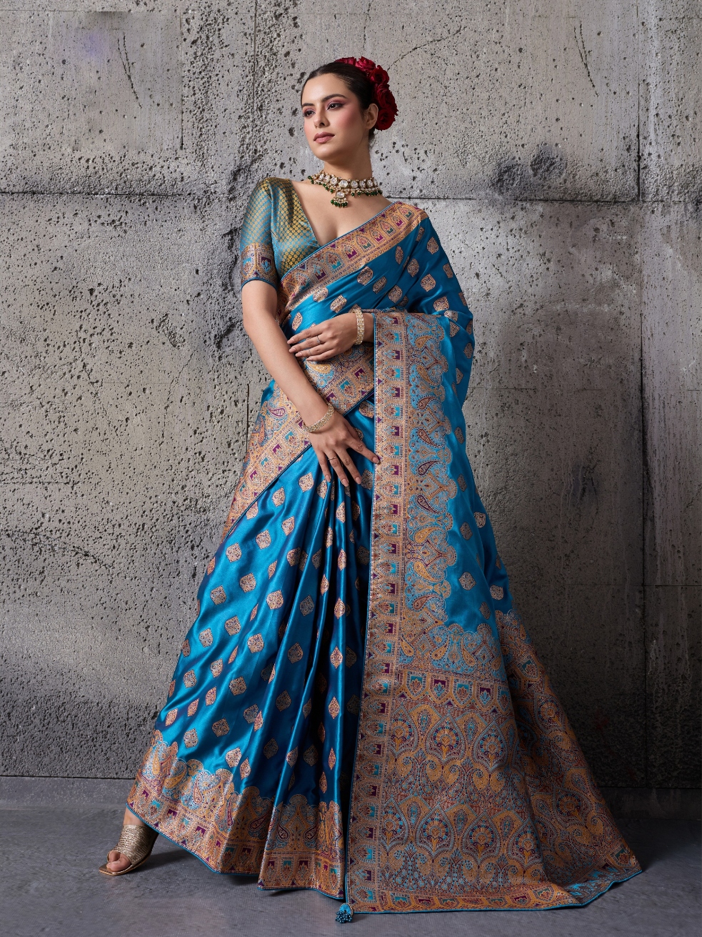 Blue Paisley Meenakari Satin Silk Saree
