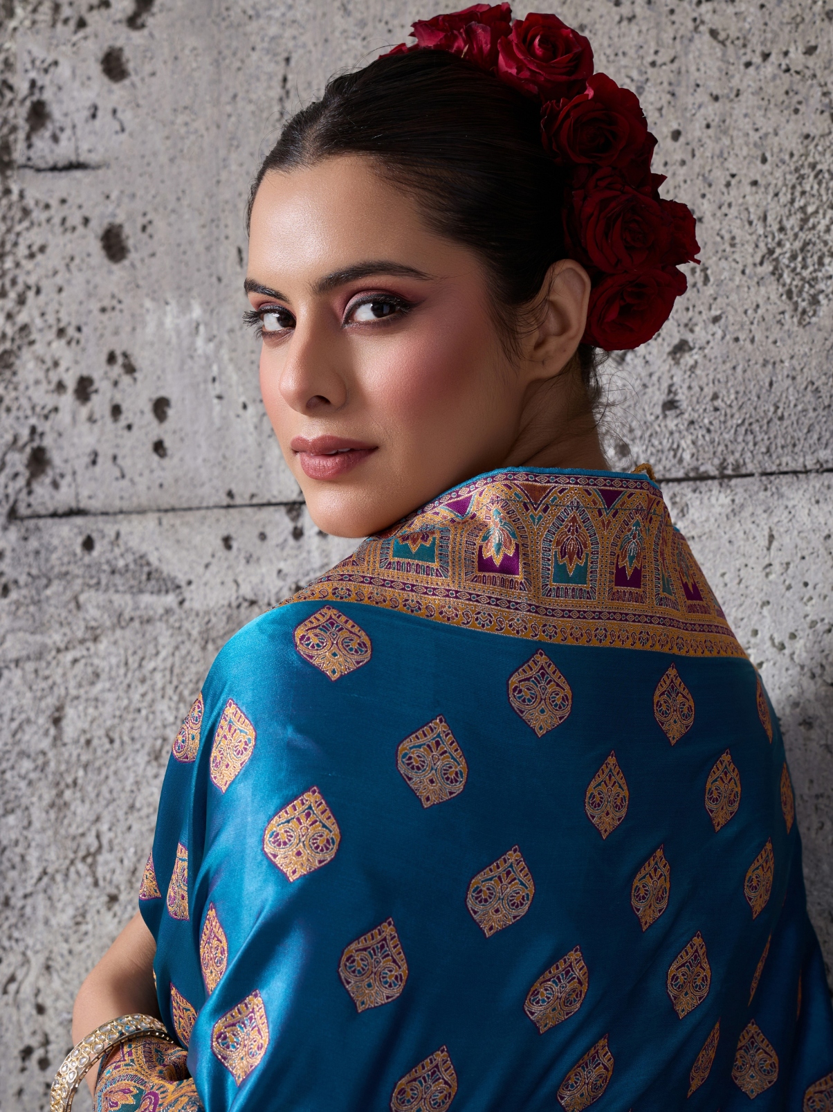 Blue Paisley Meenakari Satin Silk Saree — alternate view
