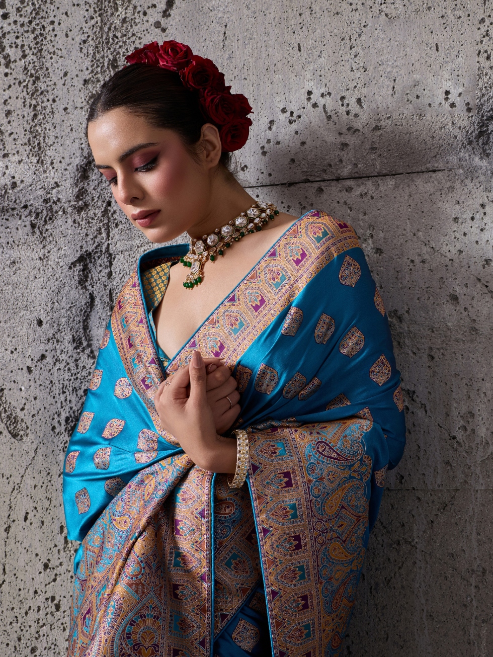 Blue Paisley Meenakari Satin Silk Saree