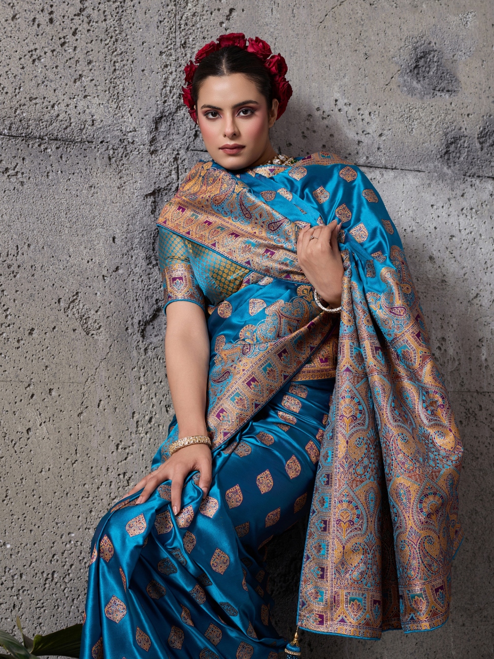 Blue Paisley Meenakari Satin Silk Saree