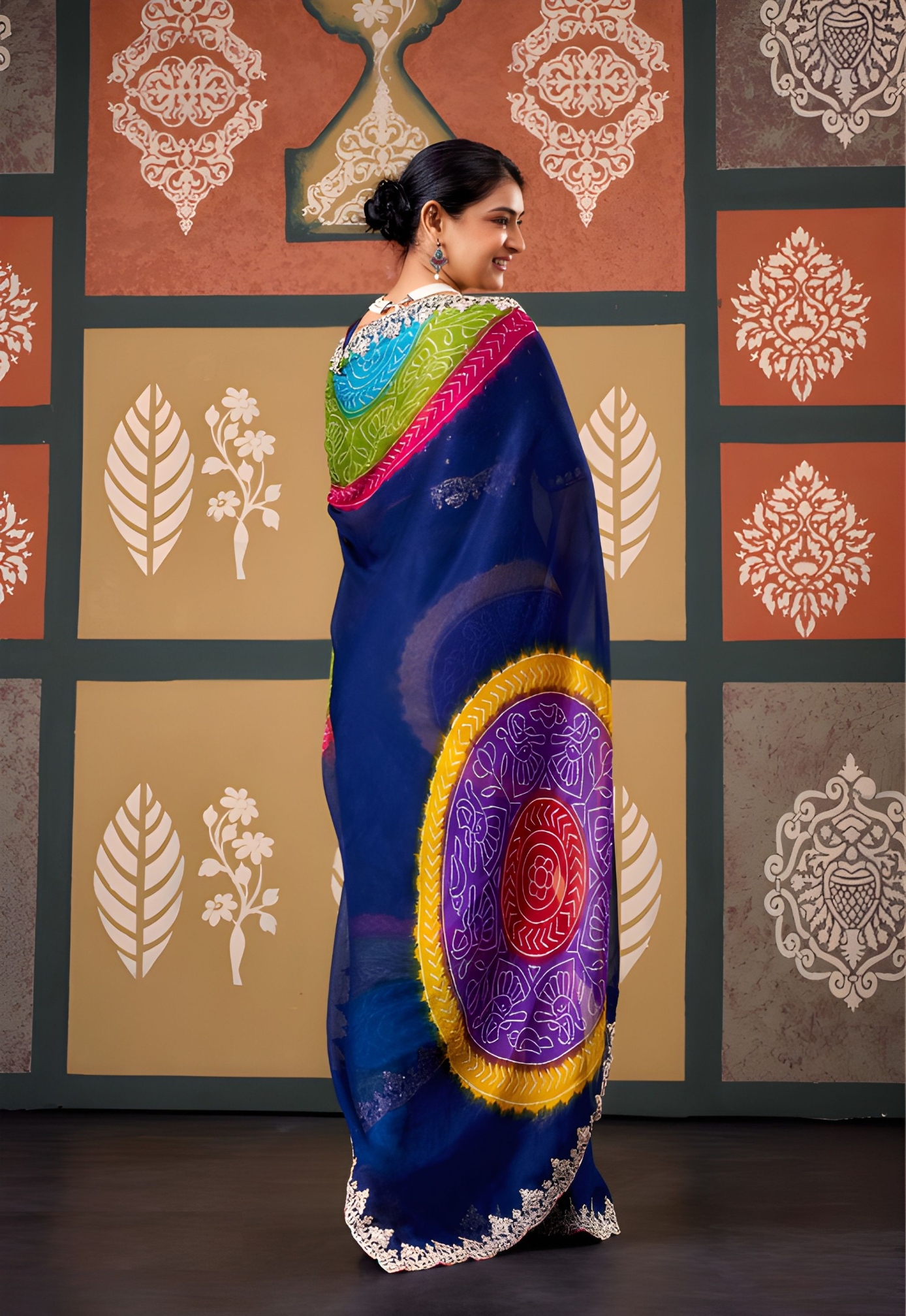 Blue Paisley Printed Embroidered Chiffon Saree — alternate view