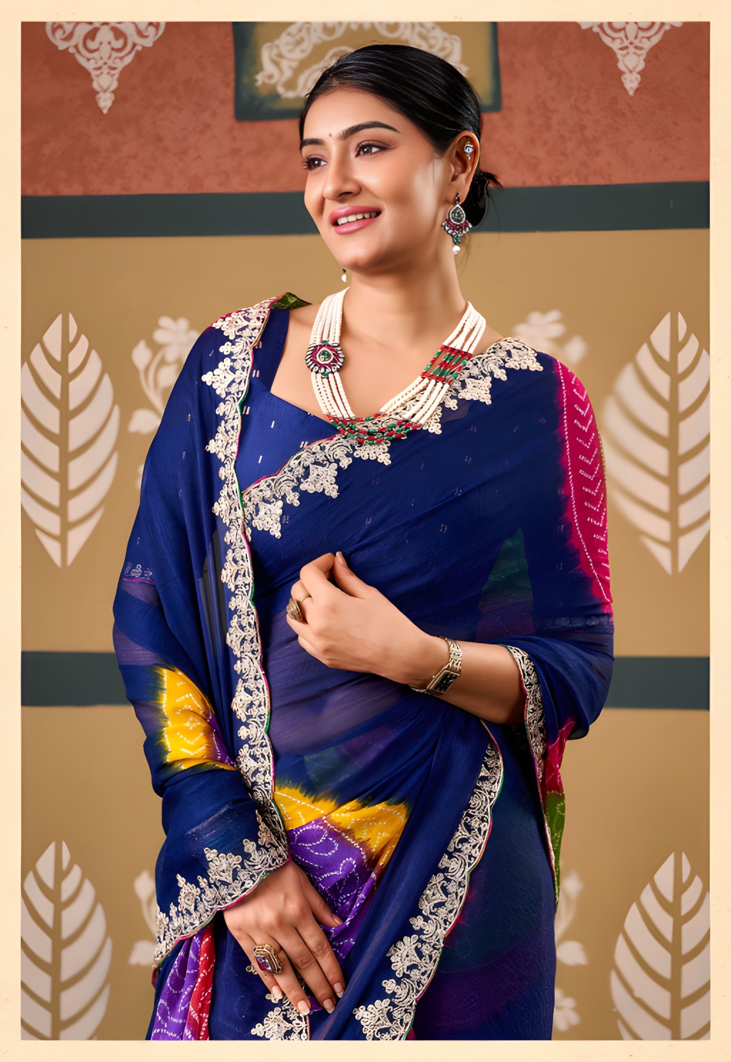 Blue Paisley Printed Embroidered Chiffon Saree
