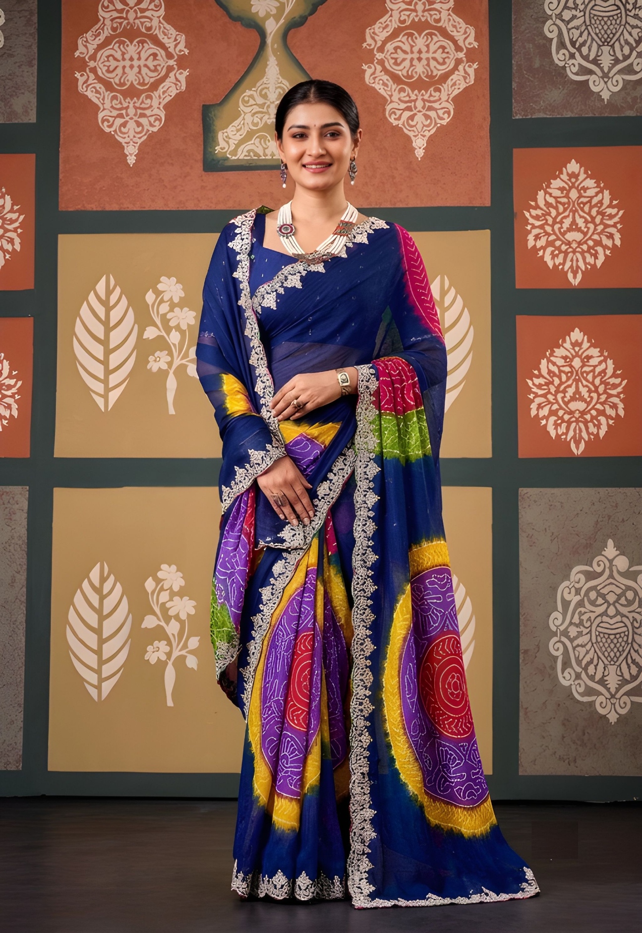 Blue Paisley Printed Embroidered Chiffon Saree