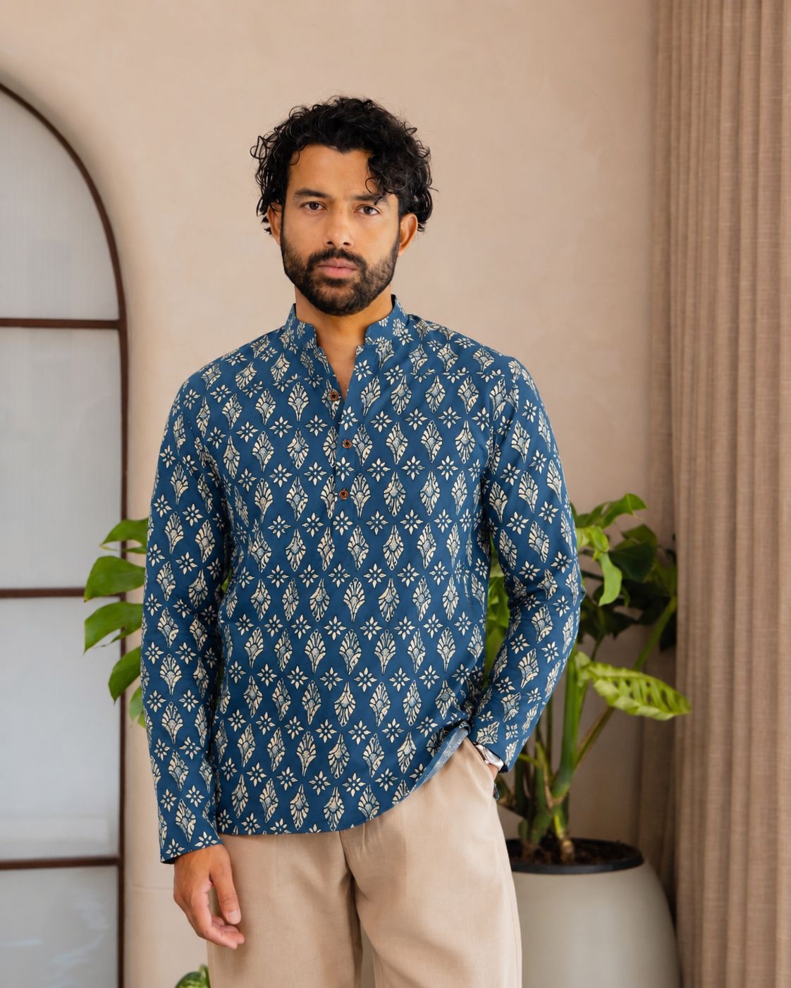 Blue Paisley Printed Swiss Linen Short Kurta