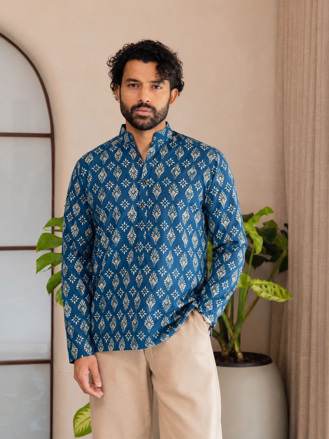 Blue Paisley Printed Swiss Linen Short Kurta