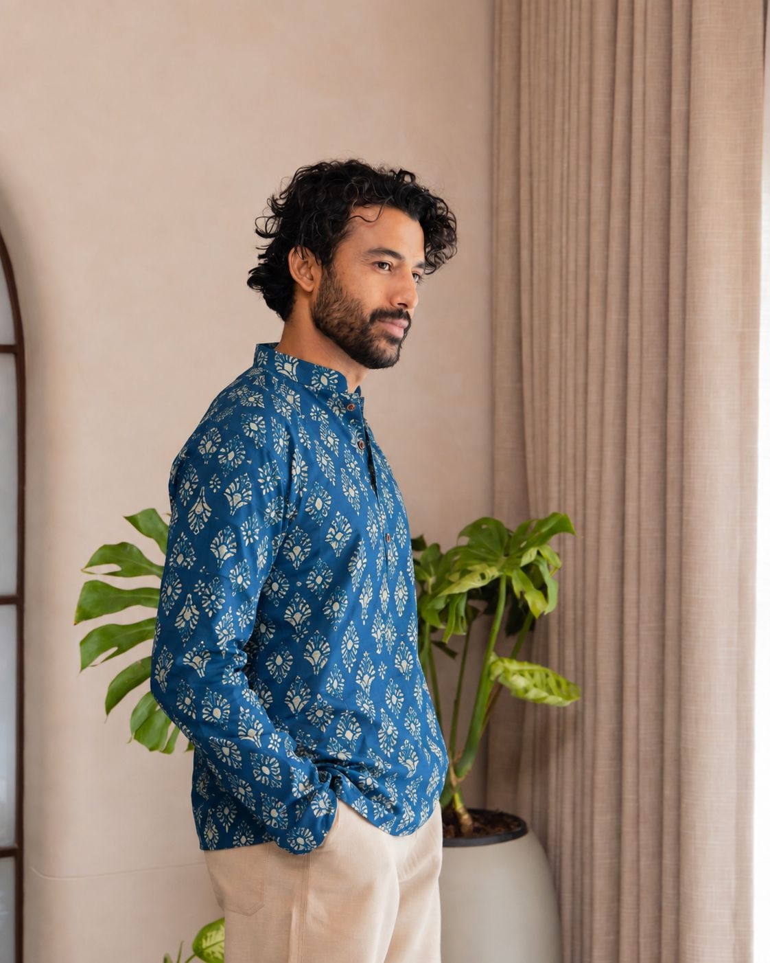 Blue Paisley Printed Swiss Linen Short Kurta