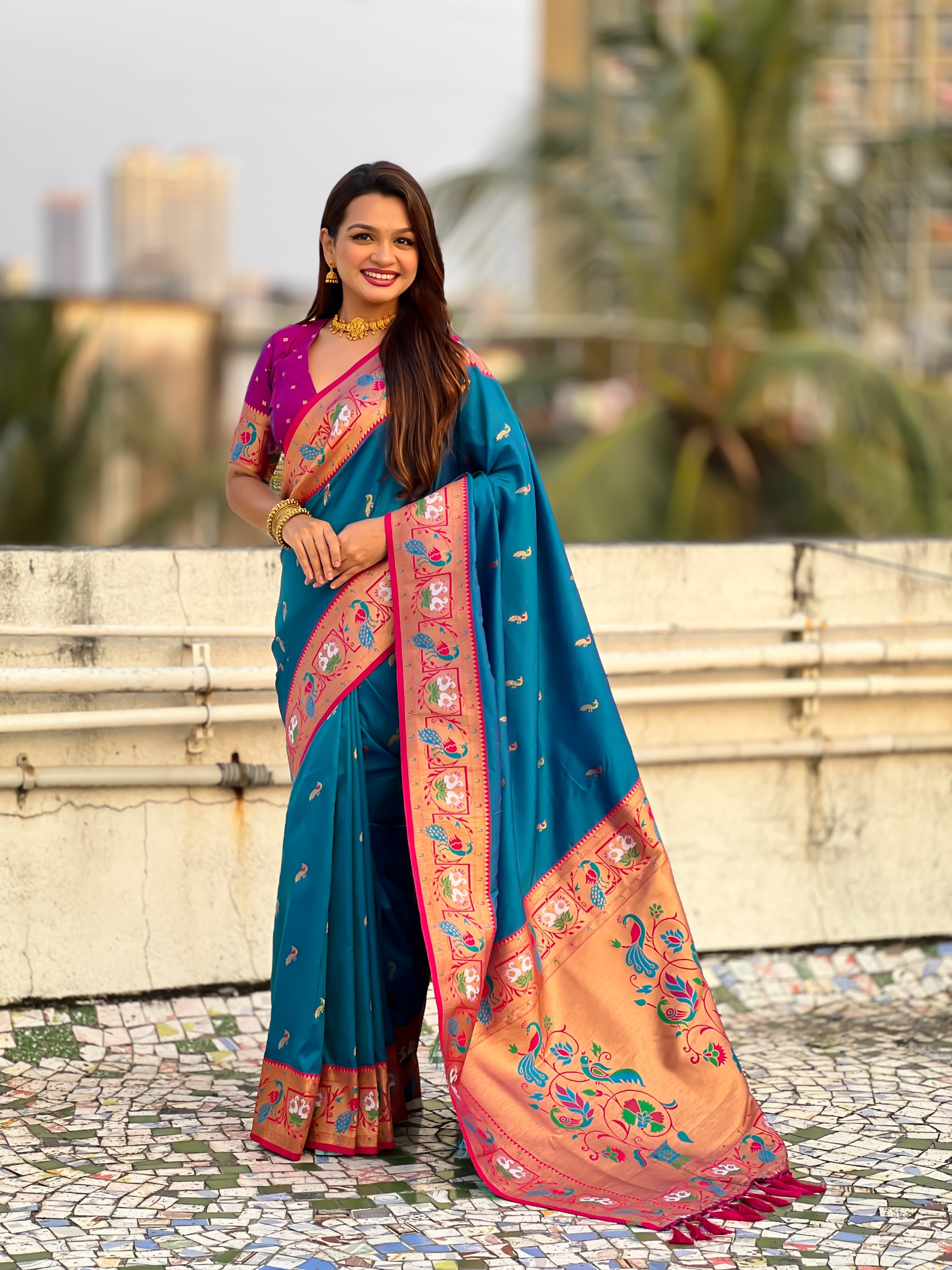 Blue Paithani Silk Saree with Purple Border