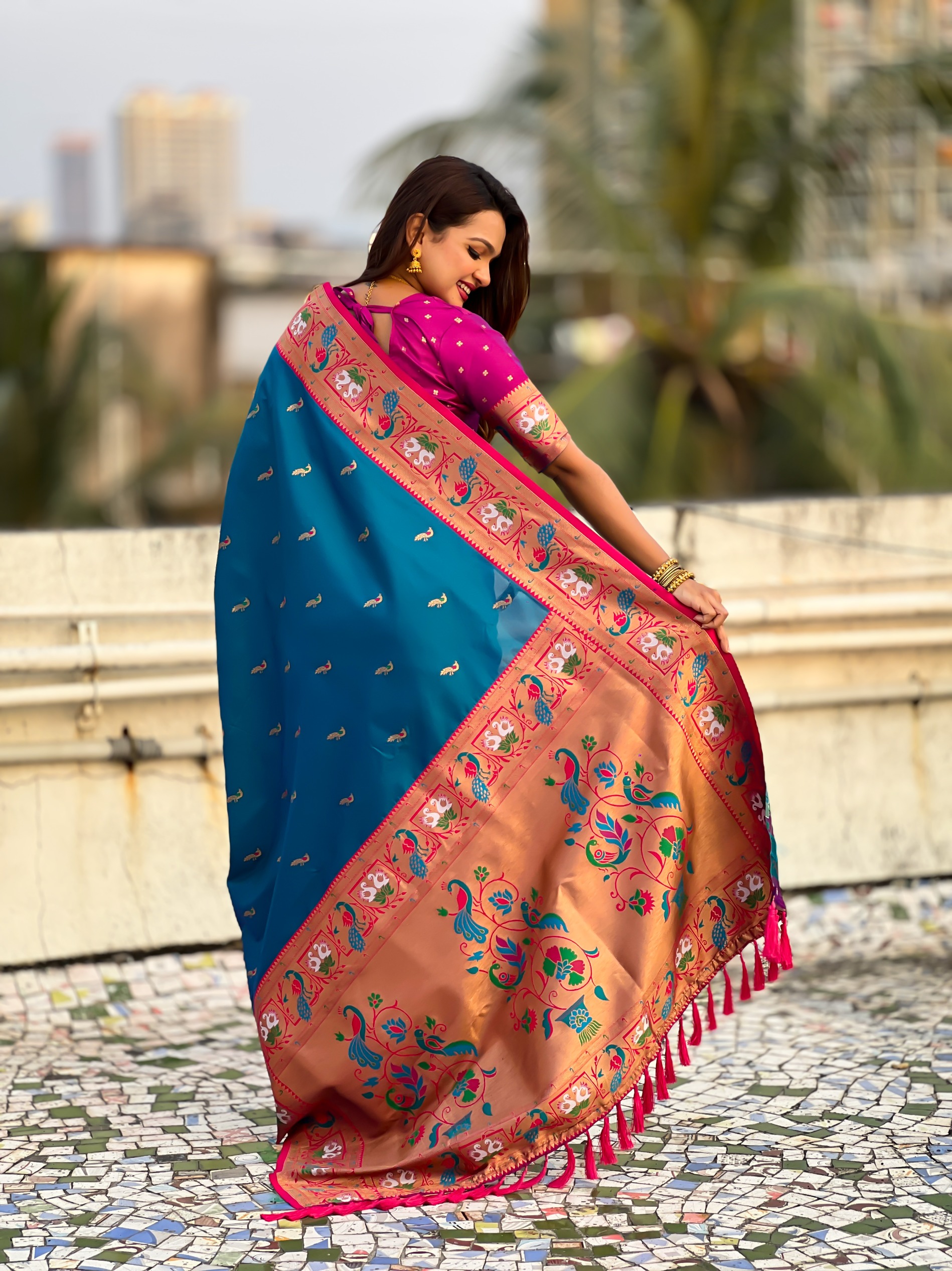 Blue Paithani Silk Saree with Purple Border — alternate view