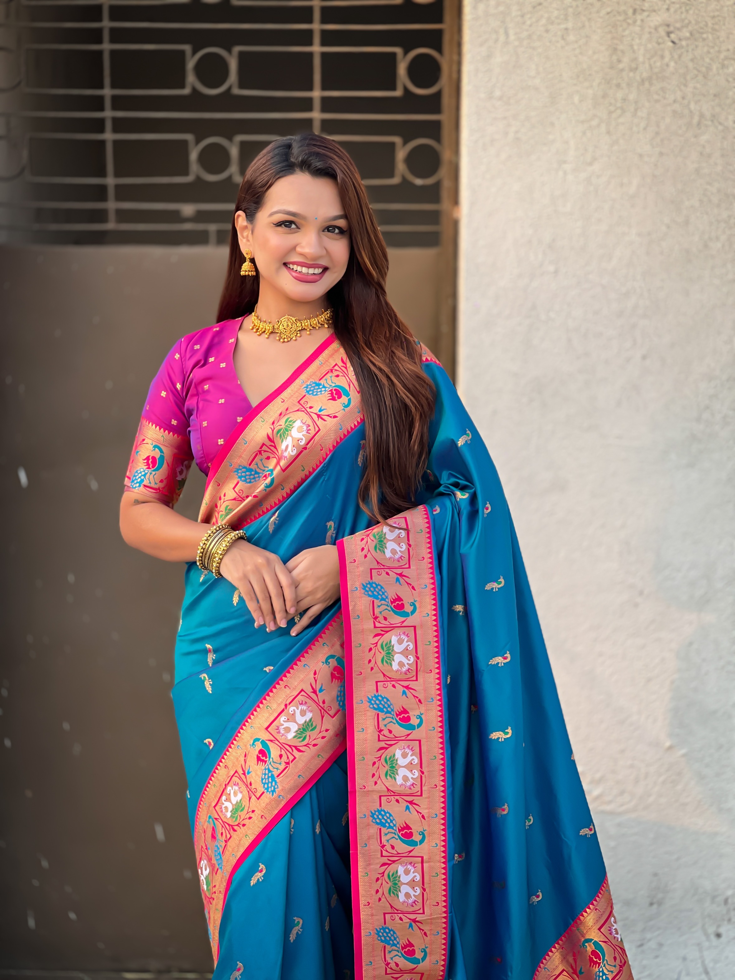 Blue Paithani Silk Saree with Purple Border