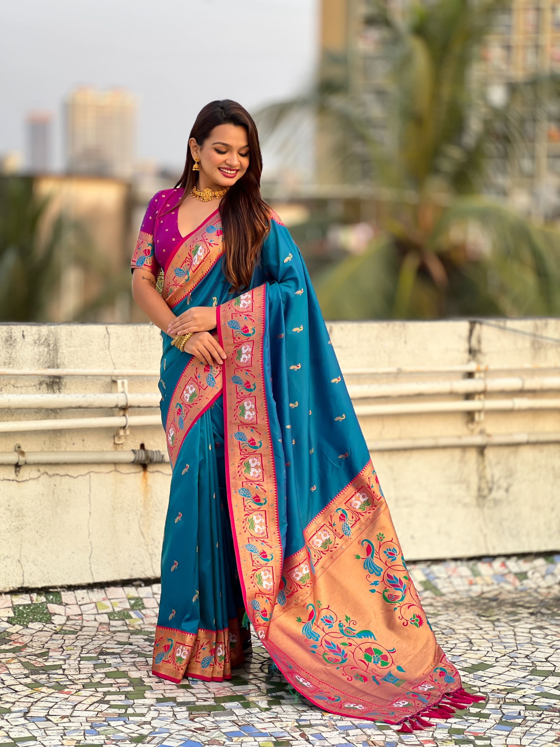 Blue Paithani Silk Saree with Purple Border