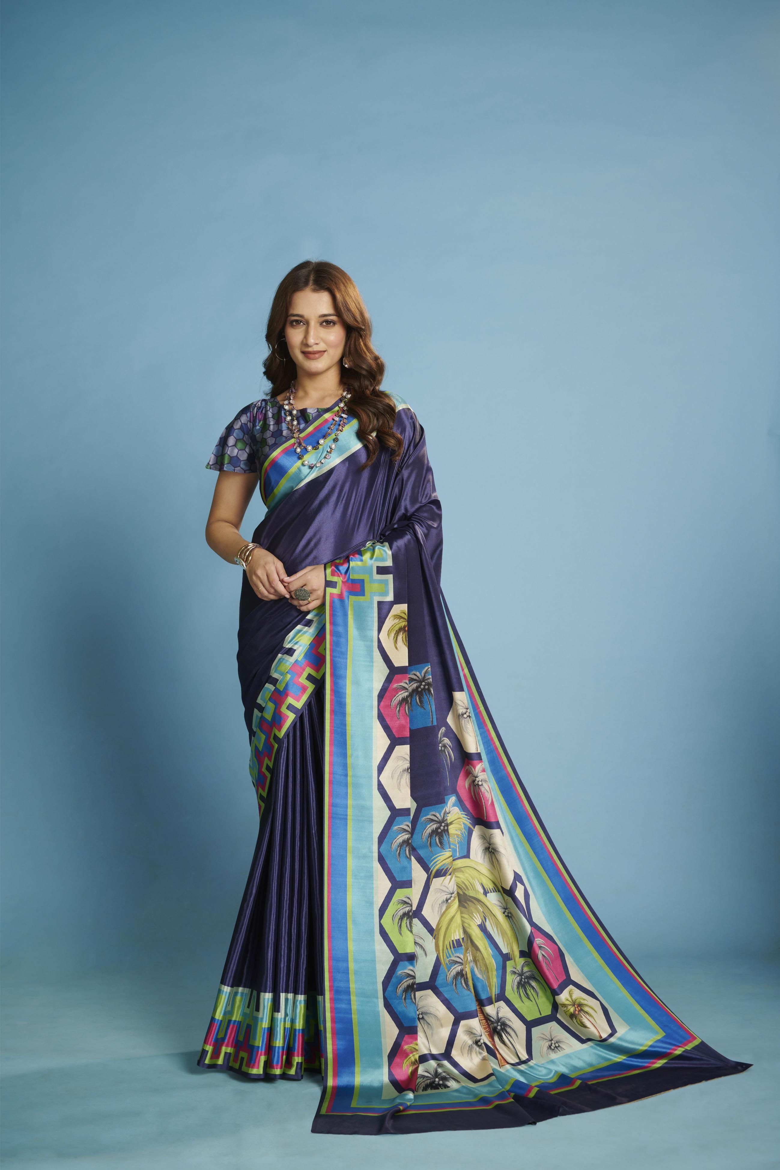 Blue Palm Tree Design Malai Crepe Silk Saree