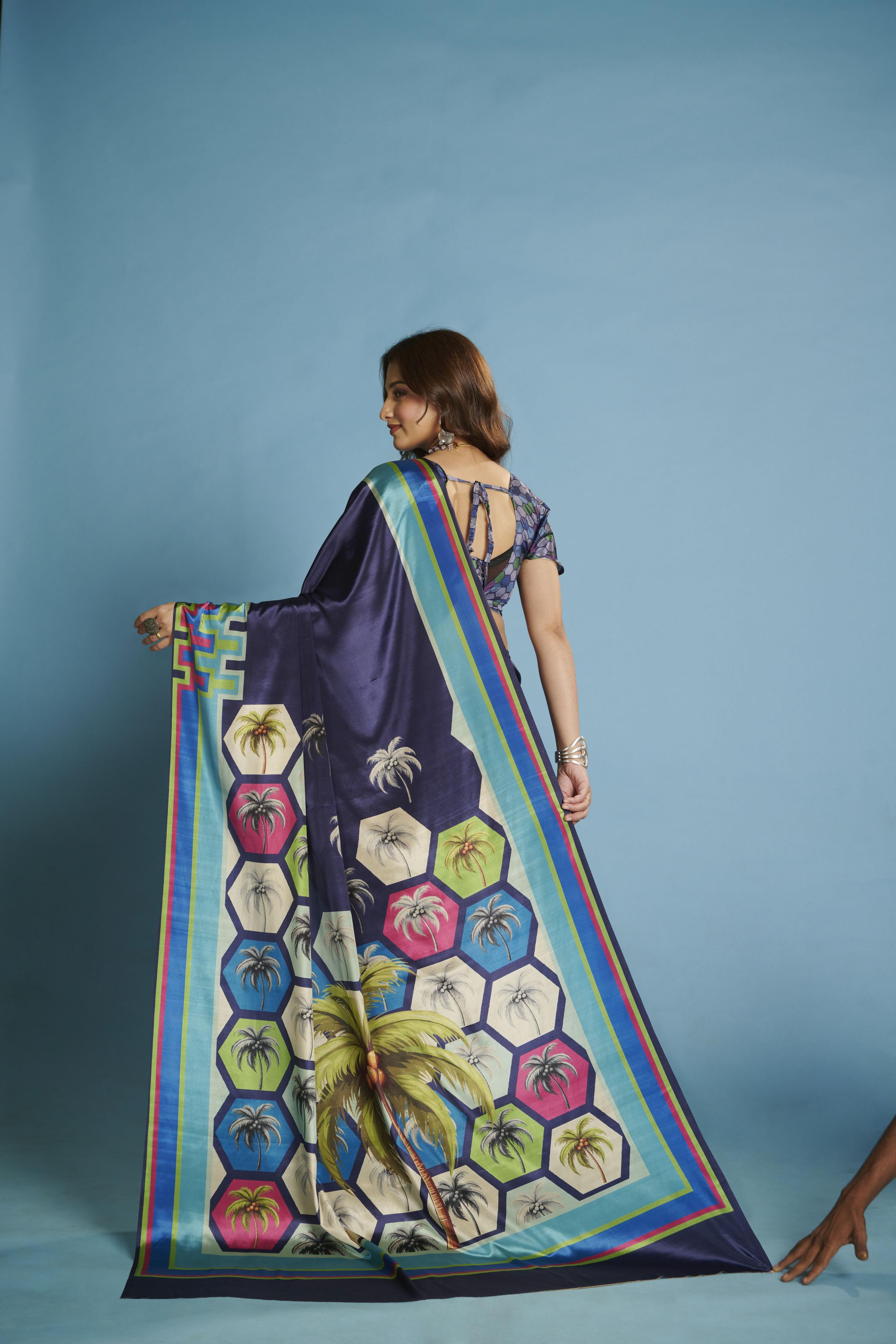 Blue Palm Tree Design Malai Crepe Silk Saree — alternate view