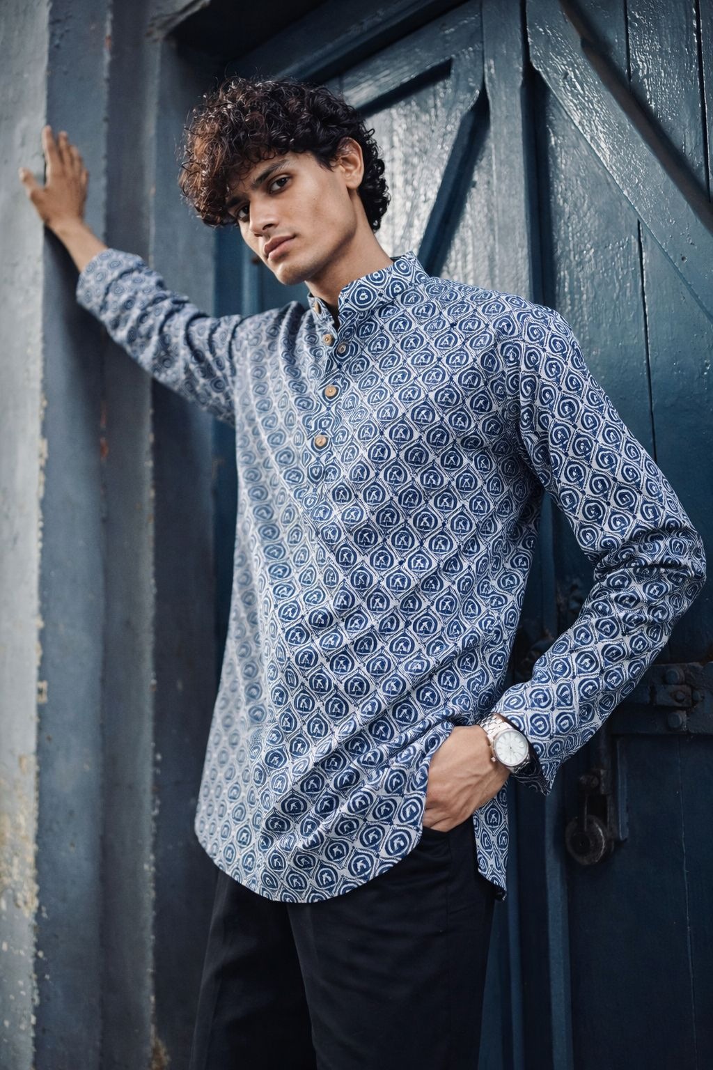 Blue Patterned Printed Linen Kurta