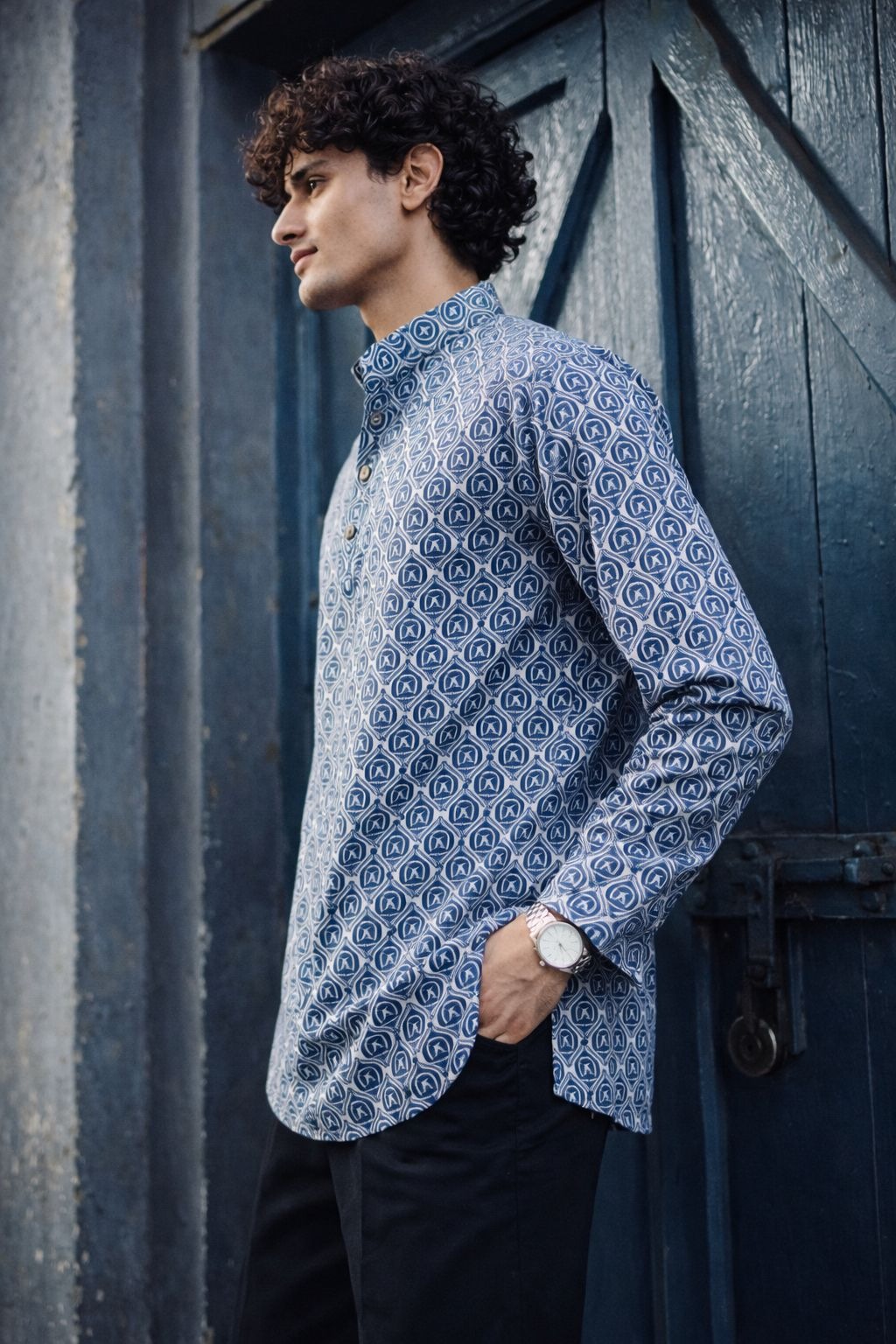 Blue Patterned Printed Linen Kurta