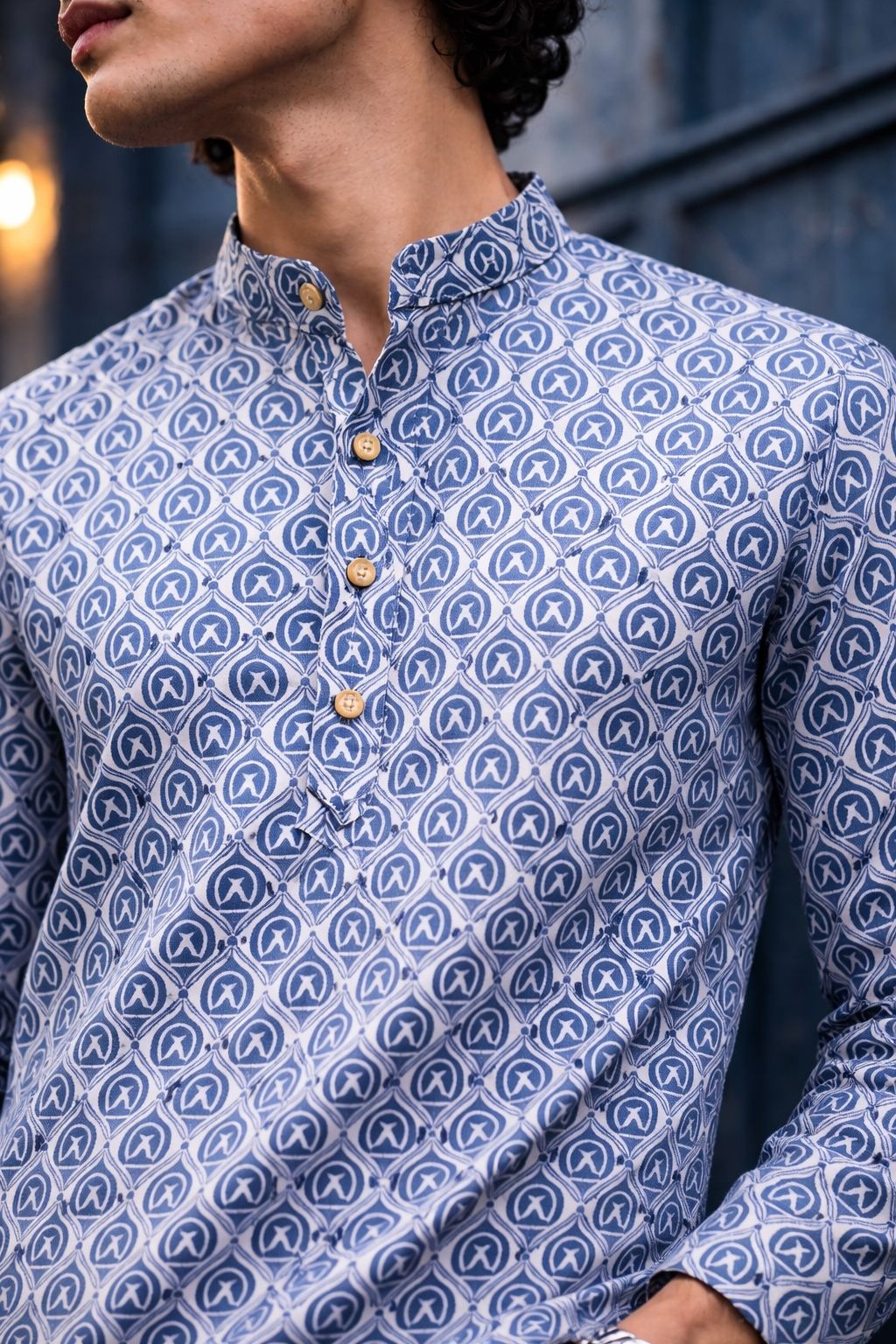 Blue Patterned Printed Linen Kurta