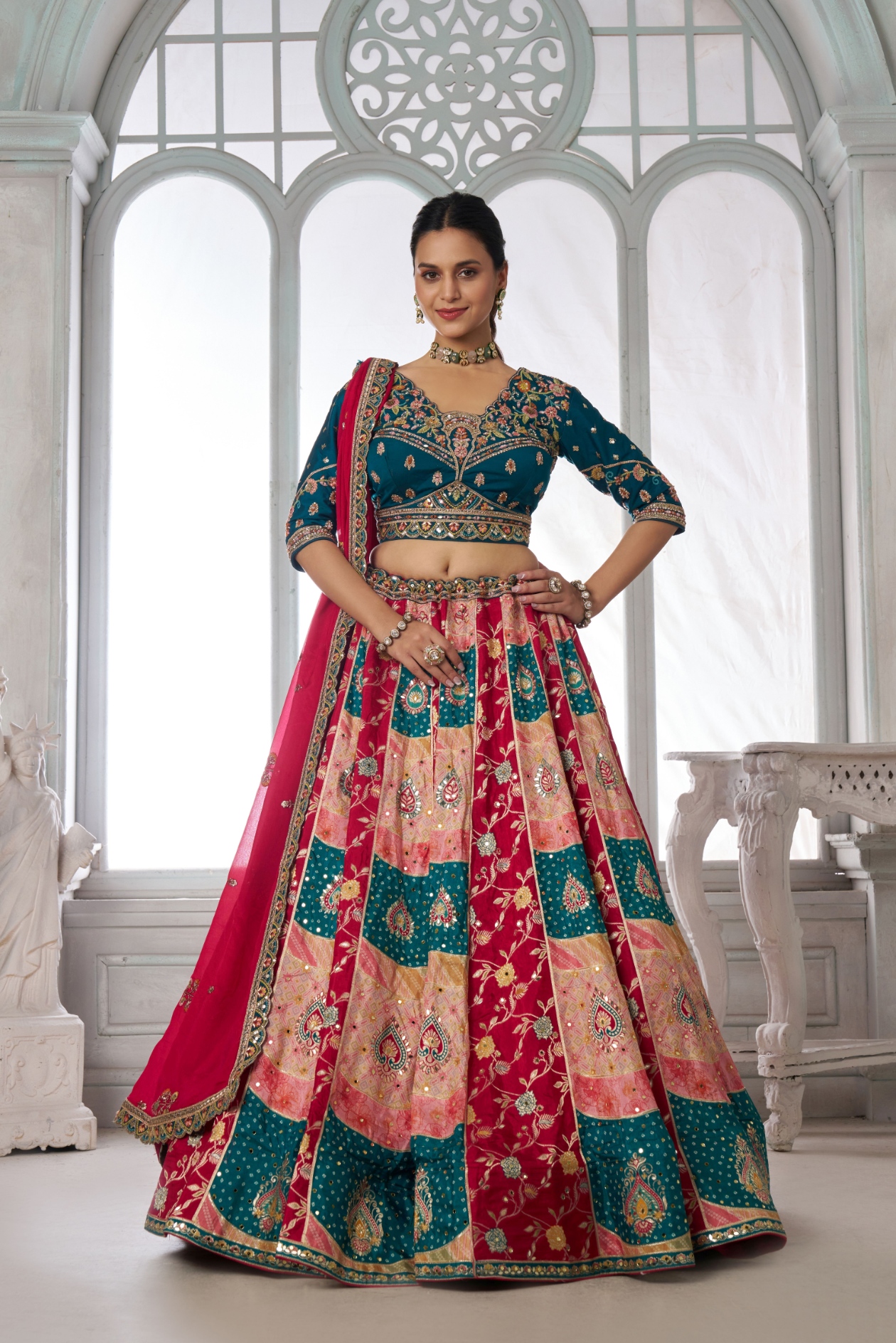 Blue Peacock Embroidered Chinon Lehenga Choli