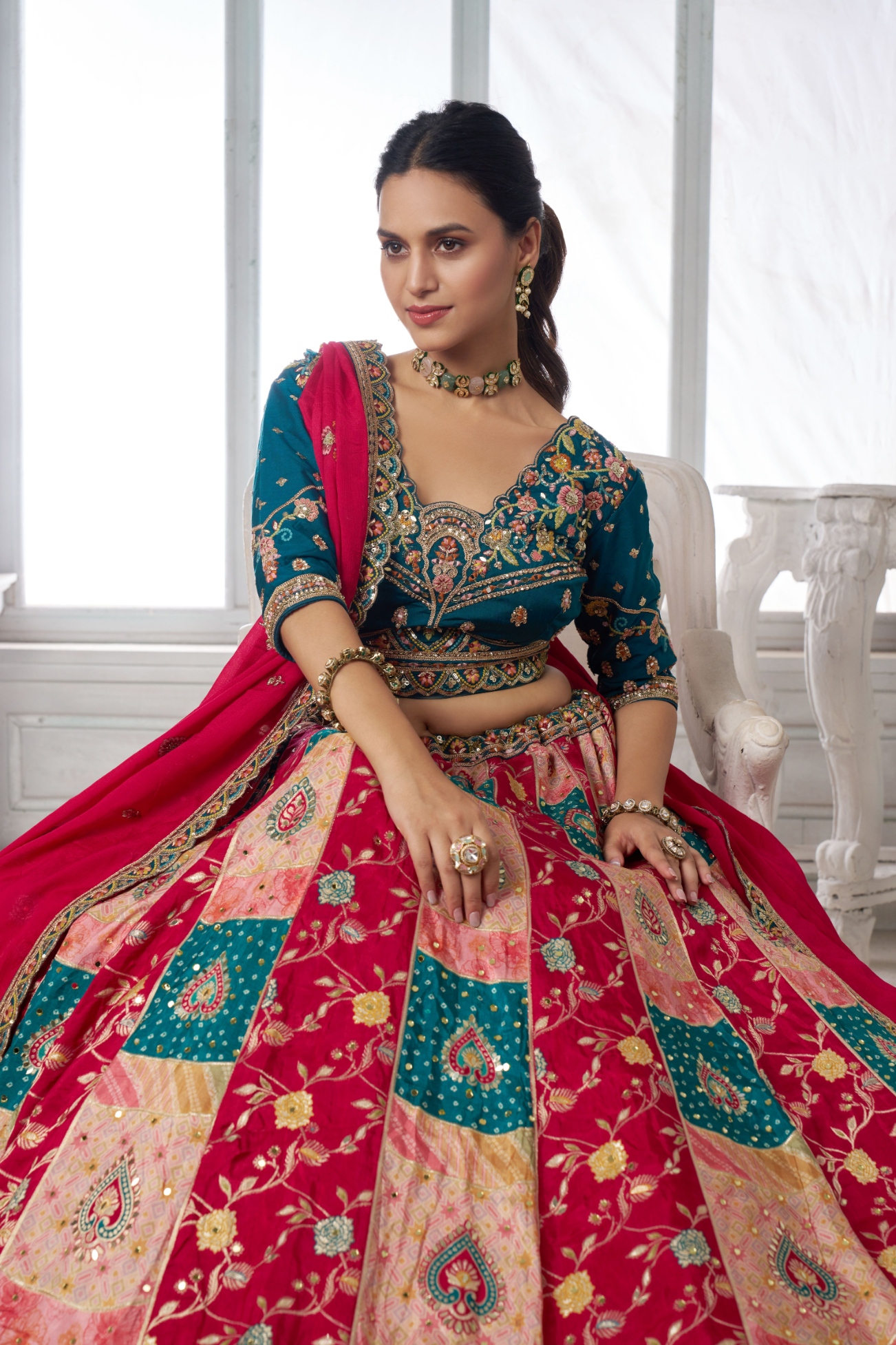 Blue Peacock Embroidered Chinon Lehenga Choli
