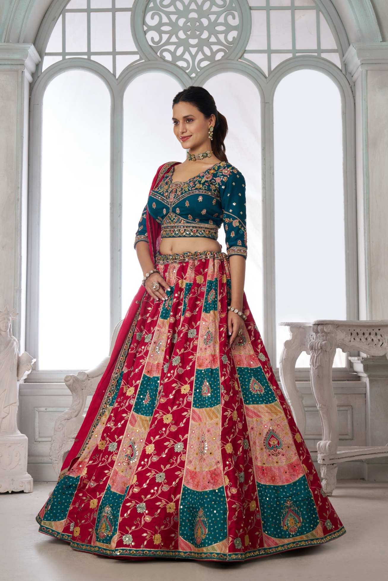 Blue Peacock Embroidered Chinon Lehenga Choli