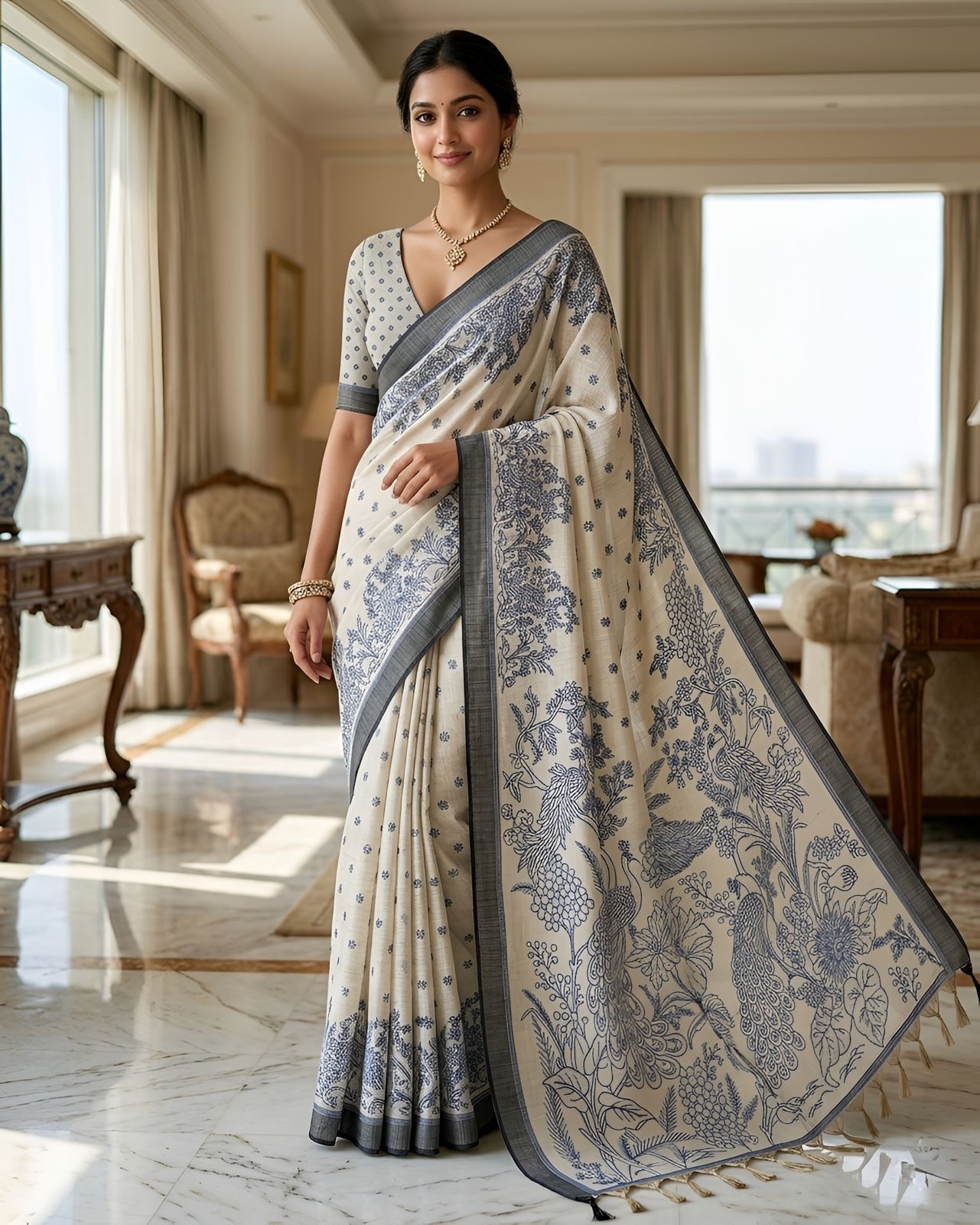 Blue Peacock Heritage Printed Linen Saree