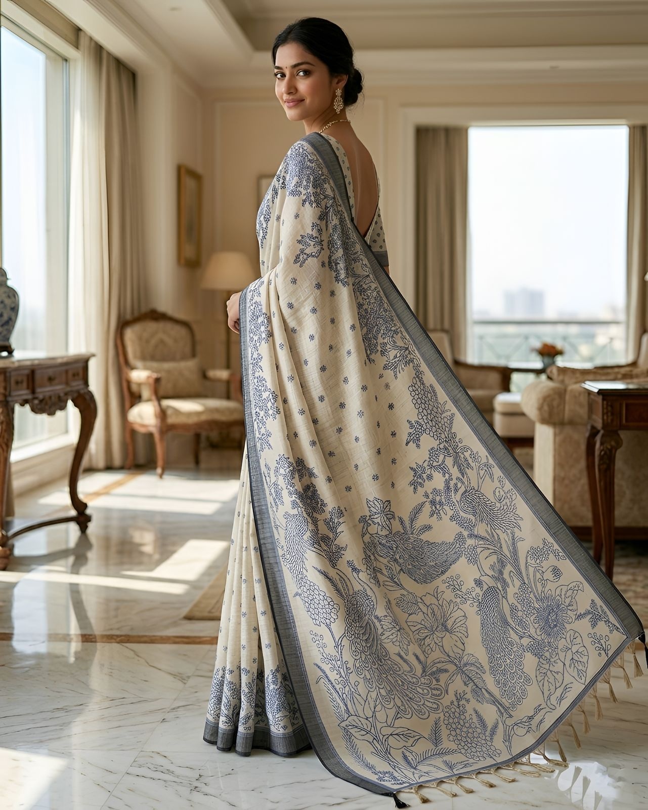 Blue Peacock Heritage Printed Linen Saree — alternate view